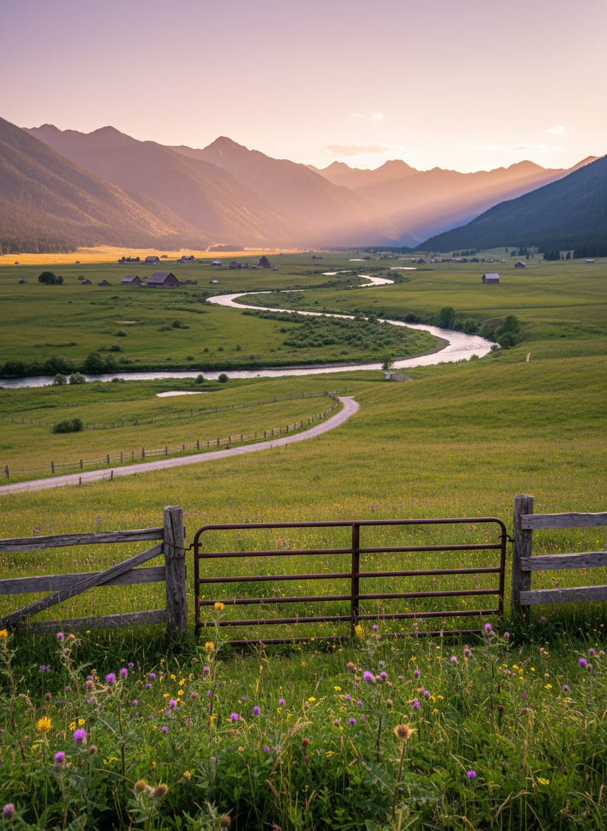 A wide, panoramic photographic view of a lush mountain valley at golden hour, with a slow, winding river reflecting the pink and amber sky. In the foreground, a weathered wooden fence and a well-used metal gate frame a grassy pasture dotted with wildflowers, thistles, and clover. A gravel lane curves gently toward distant barns and scattered farmhouses, suggested only as tiny shapes. Long evening light casts soft, warm shadows across the hillsides and the riverbanks, giving everything a calm, nostalgic feeling. Shot from a slightly elevated angle with sharp focus throughout, the composition uses the river as a leading line, capturing the welcoming, story-filled spirit of everyday valley life in rich photographic realism.