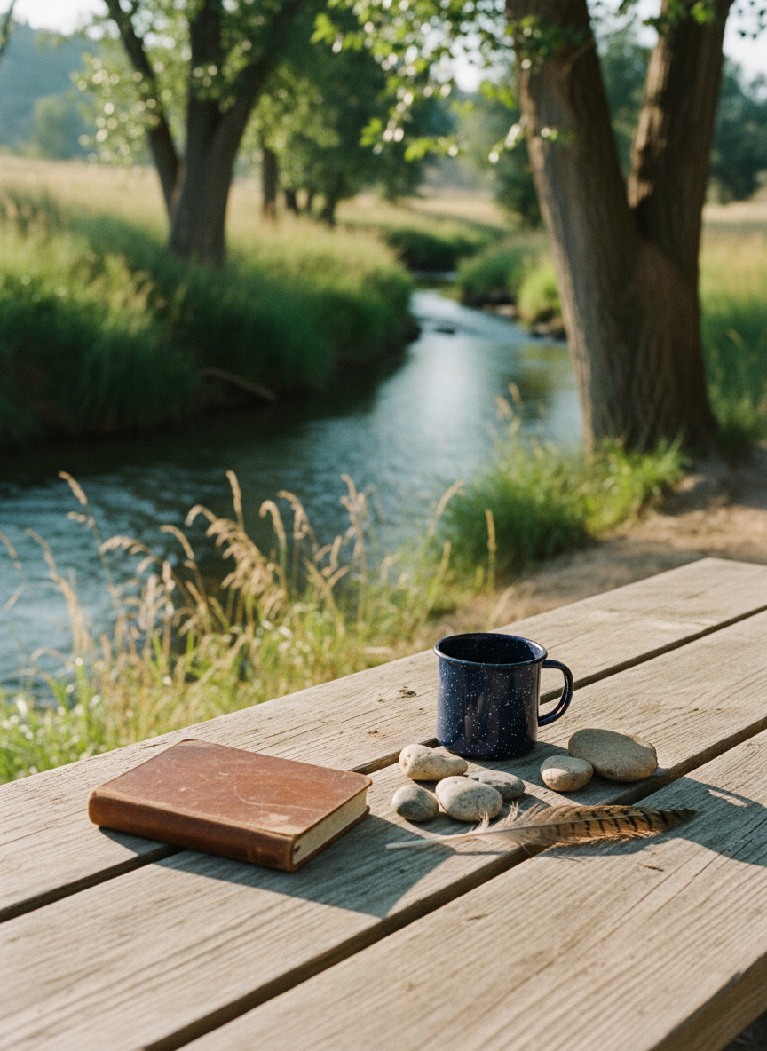 A close-up, photographic scene of a rustic wooden picnic table beside a clear valley creek, its sun-faded planks scattered with small artifacts of family adventures: a worn leather-bound journal, a vintage enamel mug with water droplets, a handful of smooth river stones, and a single pheasant feather. Behind the table, the creek curves lazily past, with tall grasses and cottonwood trunks lining the bank. Soft afternoon sunlight filters through leaves overhead, creating dappled patterns of light and shadow on the table surface. Shot at eye level with a shallow depth of field, the background blurs into glistening water and greenery, evoking playful, memory-filled days spent outdoors in photographic realism.