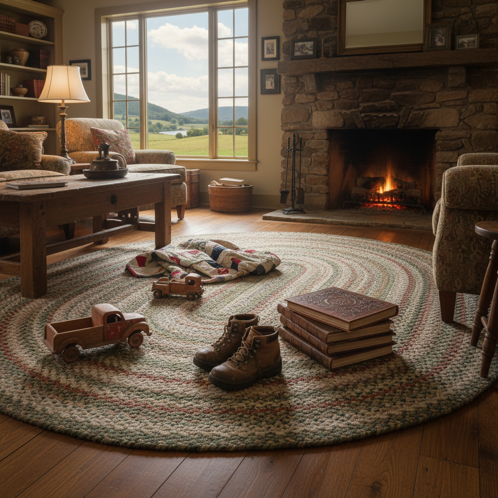 A cozy, photographic interior of a valley farmhouse living room centered on a large, hand-braided oval rug scattered with small, everyday objects that hint at generations of stories: a wooden toy truck with chipped red paint, a folded patchwork quilt, a pair of well-worn hiking boots, and a stack of old family photo albums closed but inviting. Beyond, a stone fireplace with faint embers casts a warm, orange glow, mixing with softer window light from the left that reveals fields and hills outside. Shot at an eye-level angle with moderate depth of field, the scene feels playful and affectionate, capturing the heart of family memories rooted deeply in valley life through quiet photographic realism.