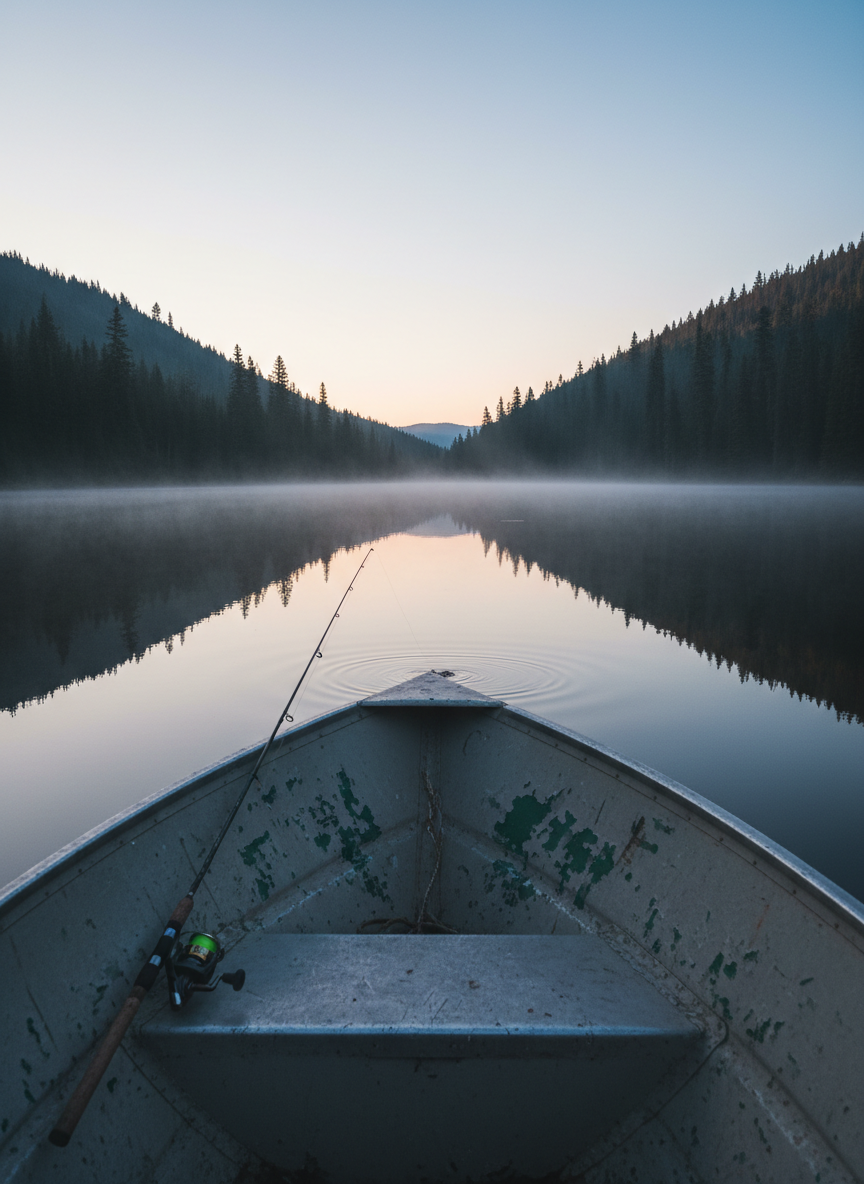 A serene, photographic view from the bow of a small aluminum fishing boat drifting on a glassy valley lake at dawn. The boat’s dulled metal surface and chipped green paint are visible in the foreground, with a simple rod propped along the side, line disappearing into misty water. Tiny ripples fan out from the hull, catching the first blush of pink and orange sky. Dark spruce- and pine-covered slopes rise on both sides, their reflections softly mirrored. Pale blue morning light and low fog create a hushed, expectant mood. Captured from a low, forward-facing angle, the composition draws the eye toward the center of the lake, conveying the quiet, playful promise of a story-worthy catch.