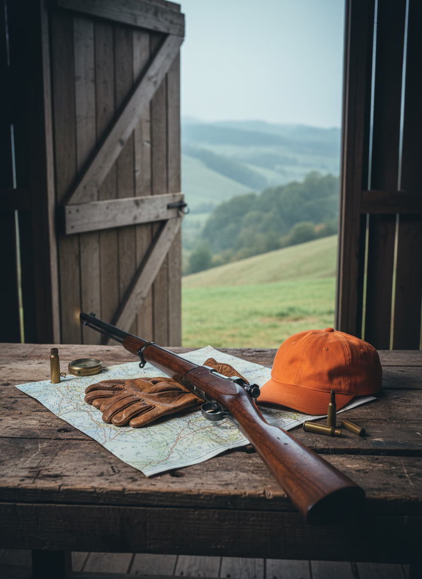 A meticulously detailed, photographic still life of valley hunting traditions laid out on a sturdy barn-wood workbench: an old but polished bolt-action rifle with a richly grained walnut stock, a pair of weathered leather gloves, an orange canvas cap draped casually, and a folded topographic map marked with faint pencil notes. The bench sits near an open shed door, revealing soft, overcast valley hills beyond. Cool natural light spills in, grazing the metal and wood, creating gentle highlights and soft-edged shadows. Shot from a slightly elevated angle with medium depth of field, the image feels respectful and nostalgic, emphasizing craftsmanship, preparation, and the quiet stories that unfold in these surrounding hills.